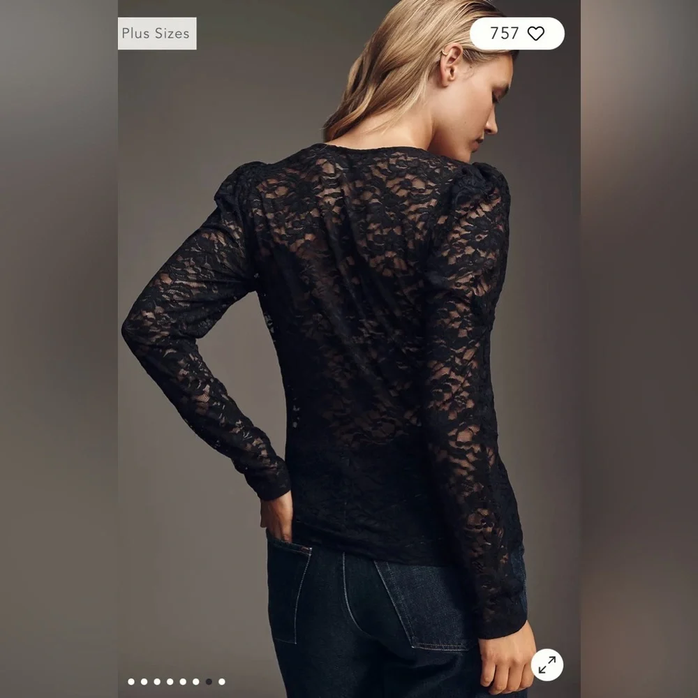 Anthropologie Black Puff Sleeve Lace Top